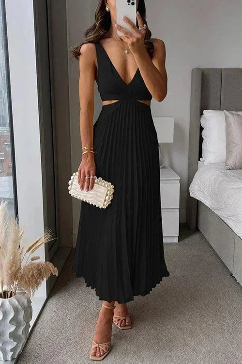 Noelle Pleated Maxi Dress with Deep V-Neckline - Black