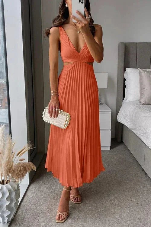 Noelle Pleated Maxi Dress with Deep V-Neckline - Orange