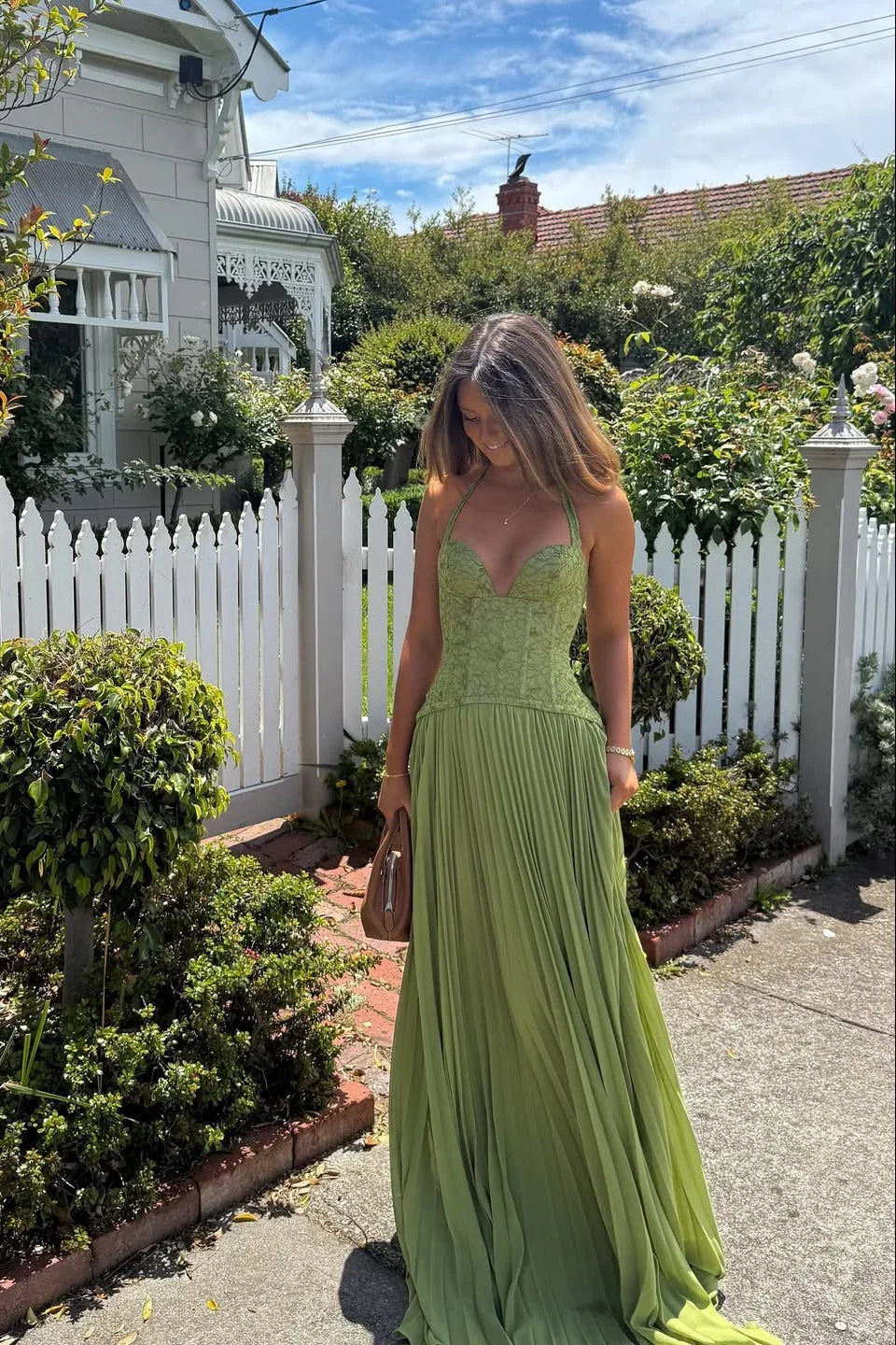 Odette Pleated Maxi Dress with Knit Bodice in Green