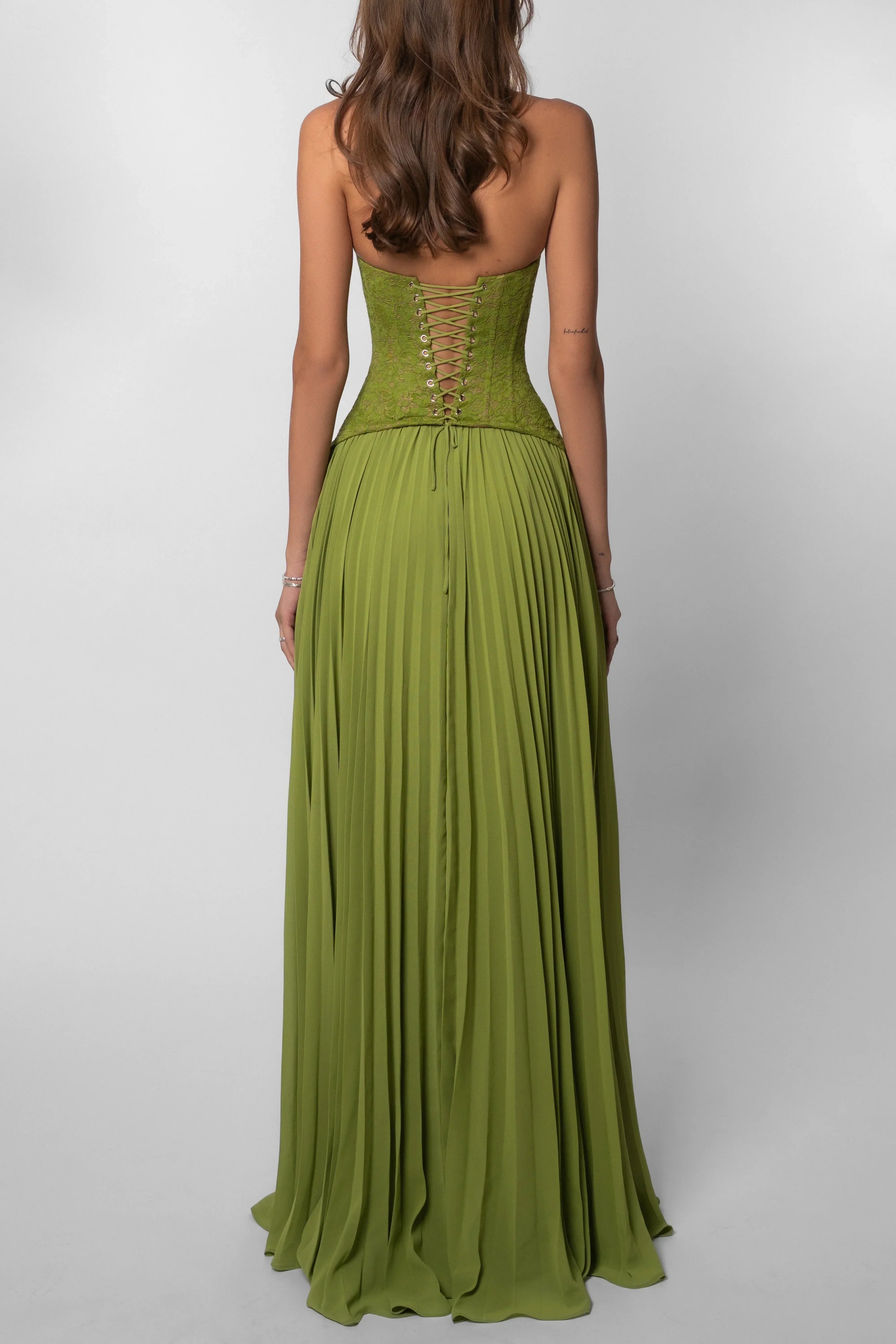 Odette Pleated Maxi Dress with Knit Bodice in Green