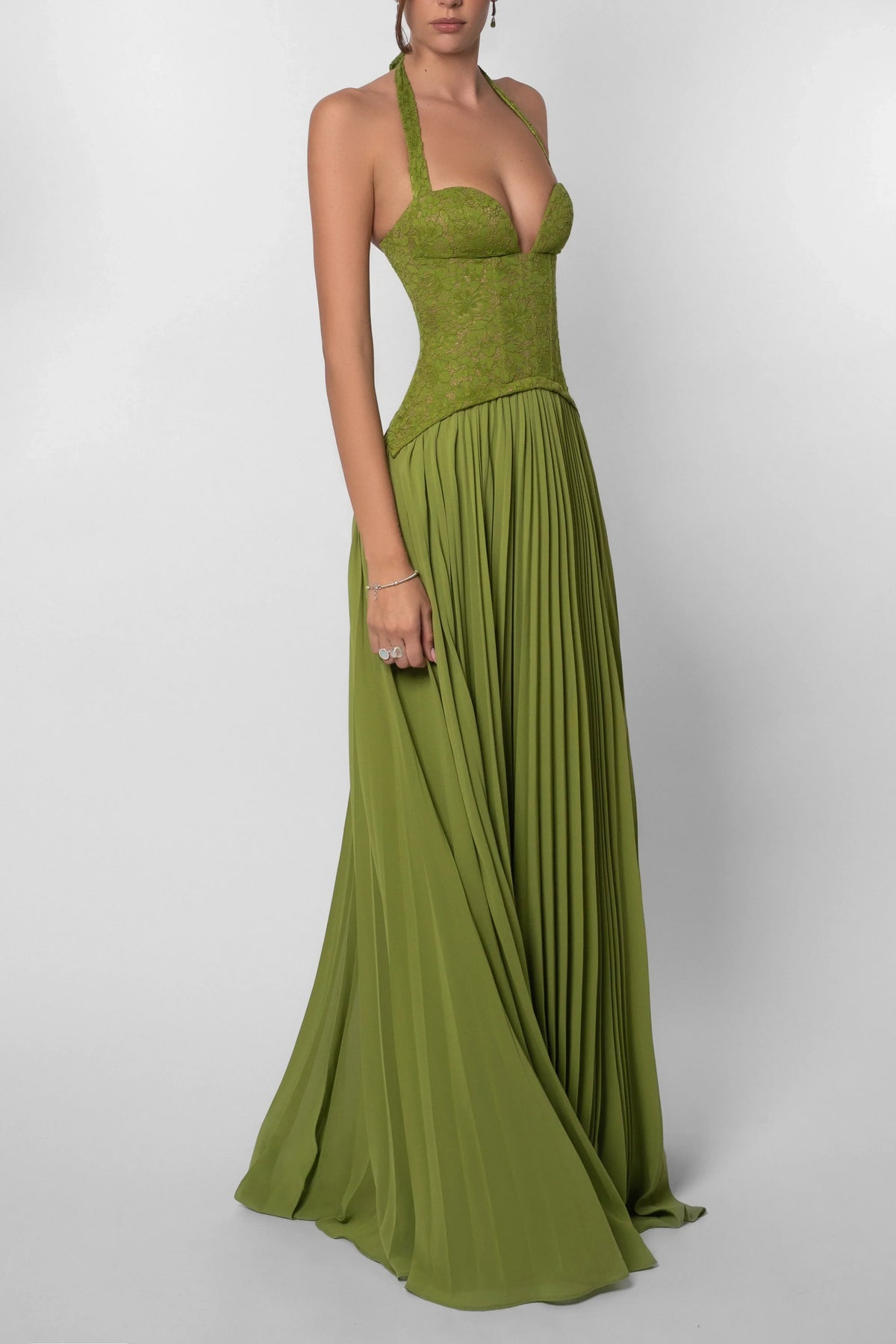 Odette Pleated Maxi Dress with Knit Bodice in Green