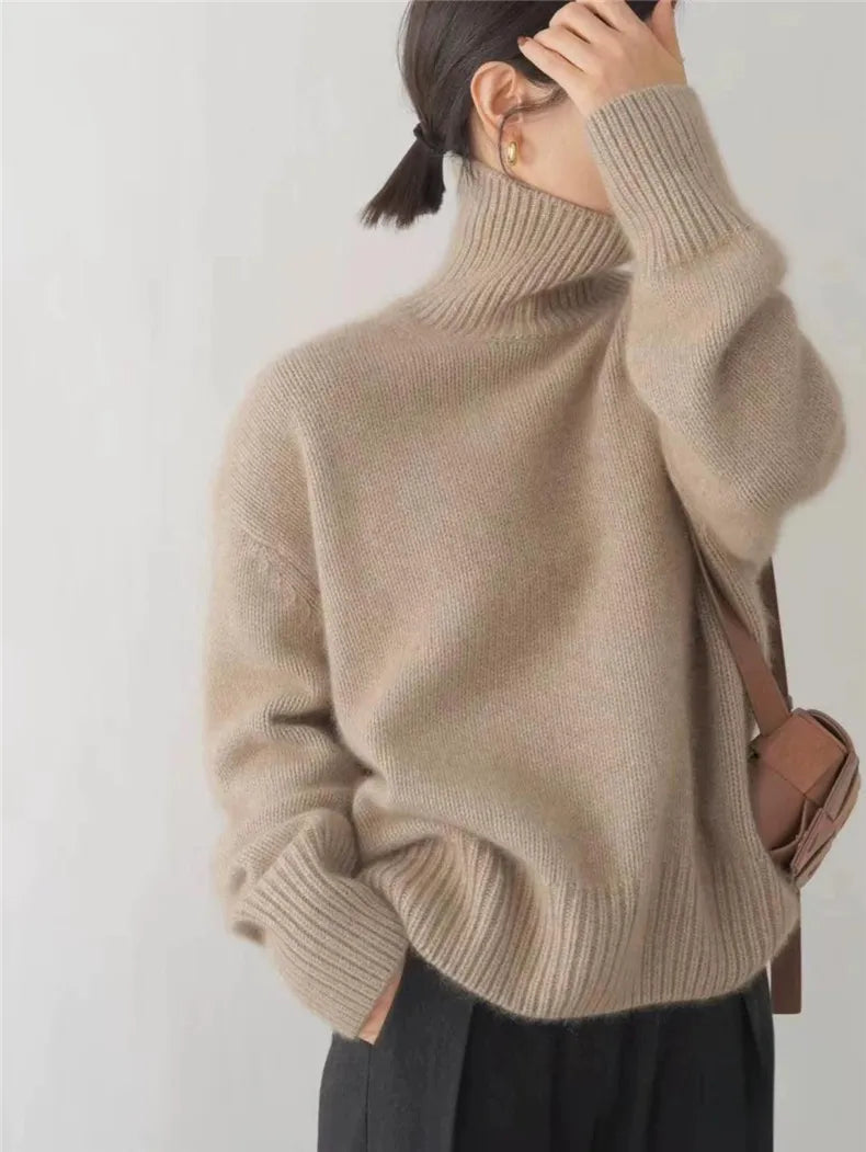 Olivia Wool-Look Sweater with High Turtleneck - Khaki