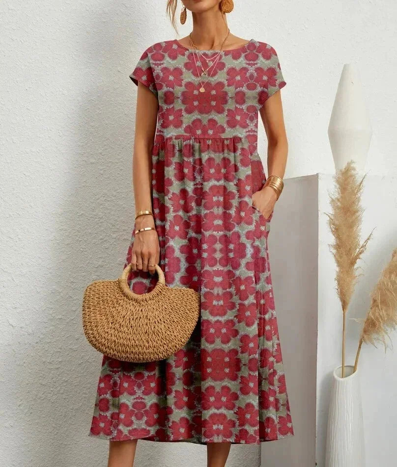 Ophelia Floral Midi Dress with Short Sleeves and Pockets - Red