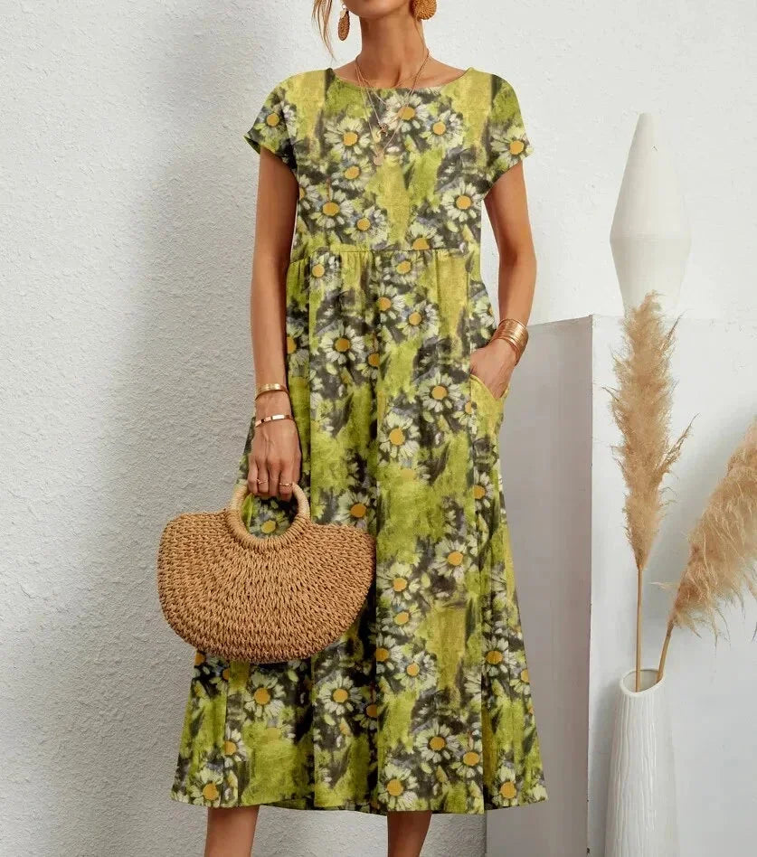 Ophelia Floral Midi Dress with Short Sleeves and Pockets - Light Green