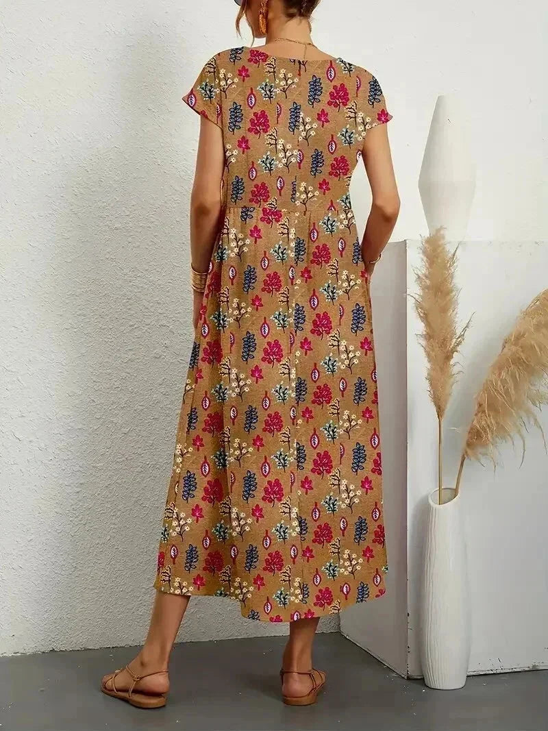Ophelia Floral Midi Dress with Short Sleeves and Pockets