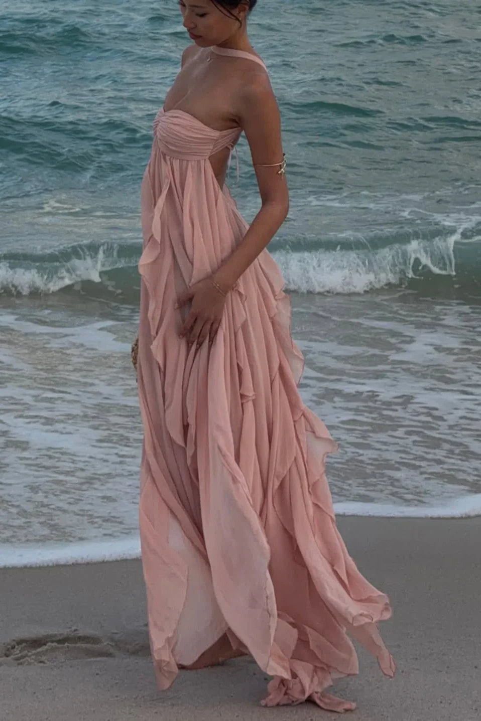 Ottilie Tiered Ruffle Maxi Dress in Strapless Cut - Baby Pink