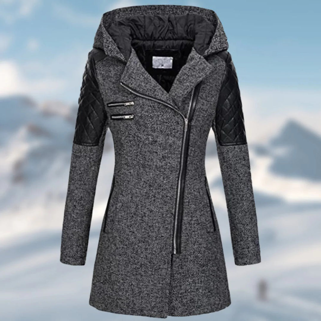 Riley Hooded Zip Coat with Quilted Shoulder Panels - Dark Gray