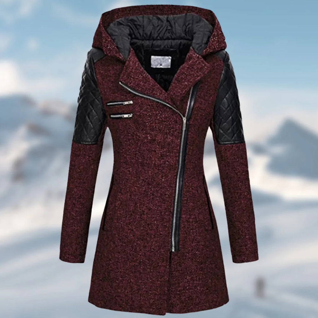 Riley Hooded Zip Coat with Quilted Shoulder Panels - Red