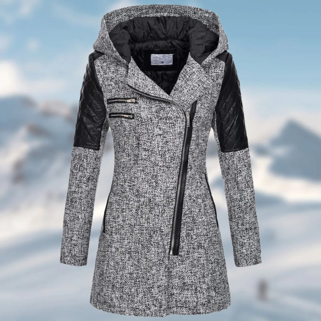 Riley Hooded Zip Coat with Quilted Shoulder Panels - Gray