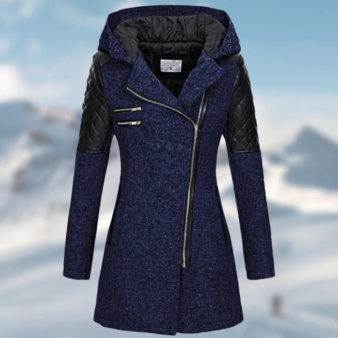 Riley Hooded Zip Coat with Quilted Shoulder Panels - Blue
