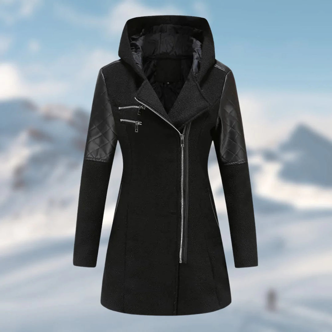 Riley Hooded Zip Coat with Quilted Shoulder Panels - Black