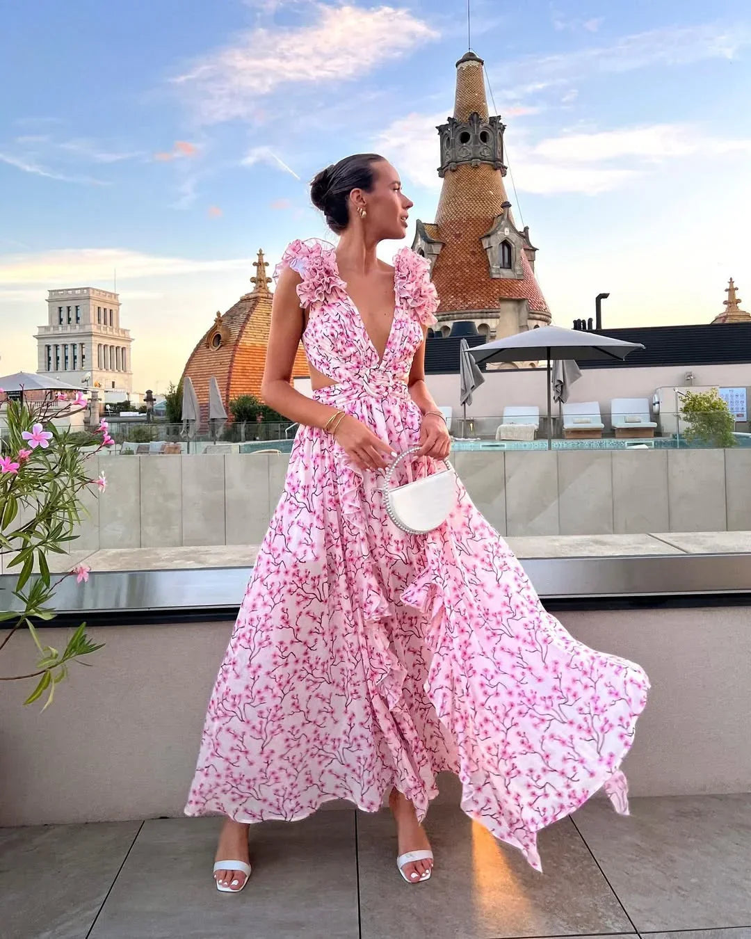 Rosalind Floral Maxi Dress with Ruffle Straps - Pink