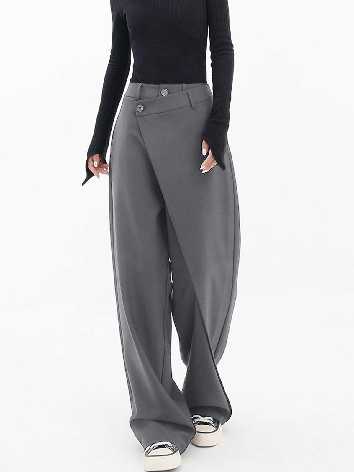Salome Wide-Leg Pants with Fold-Over Waistband - Gray