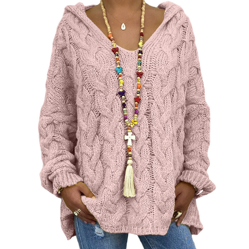 Solvej Cable-Knit Sweater with Deep V-Neckline - Pink