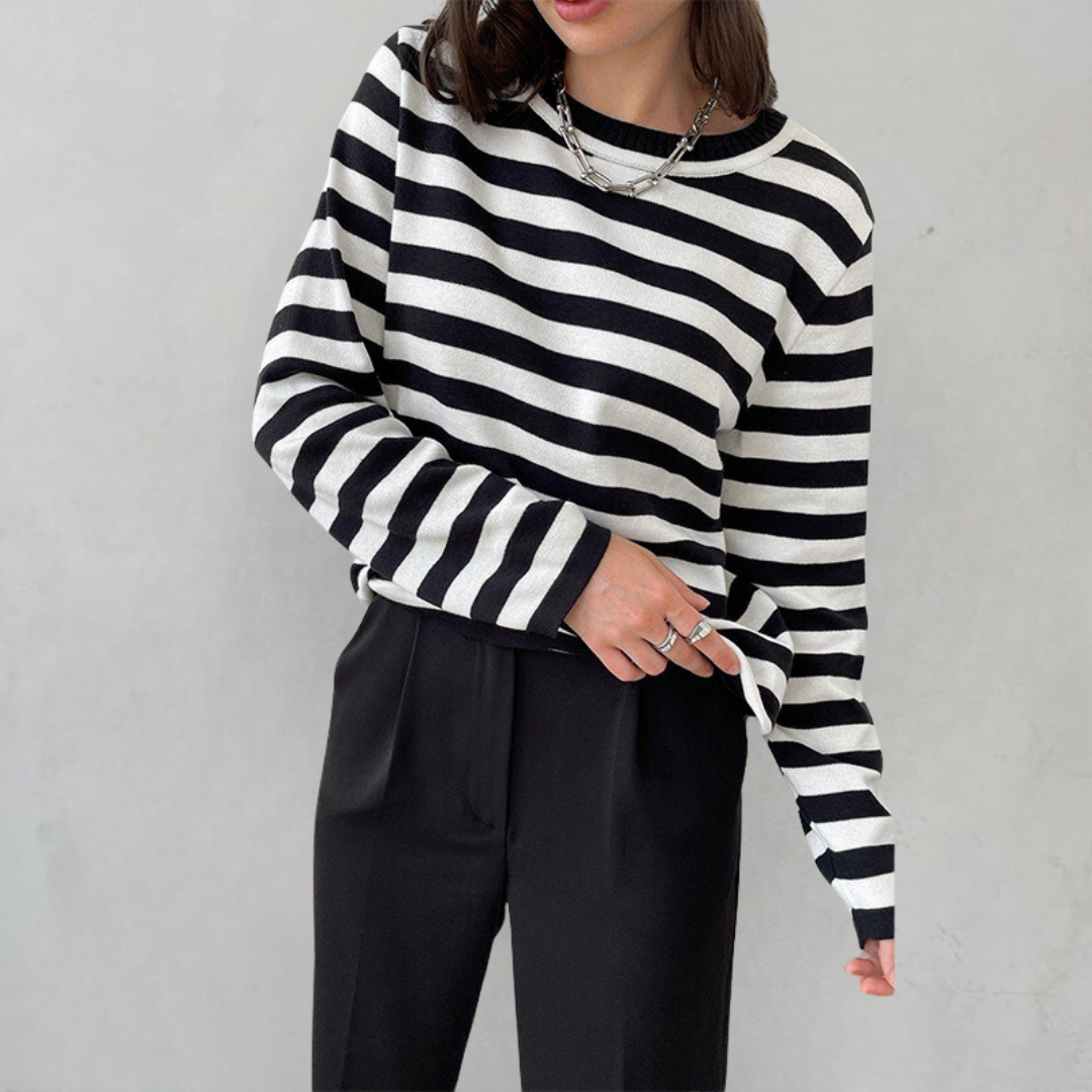 Sophie Striped Sweater with Crew Neckline for Women - Midnight Black