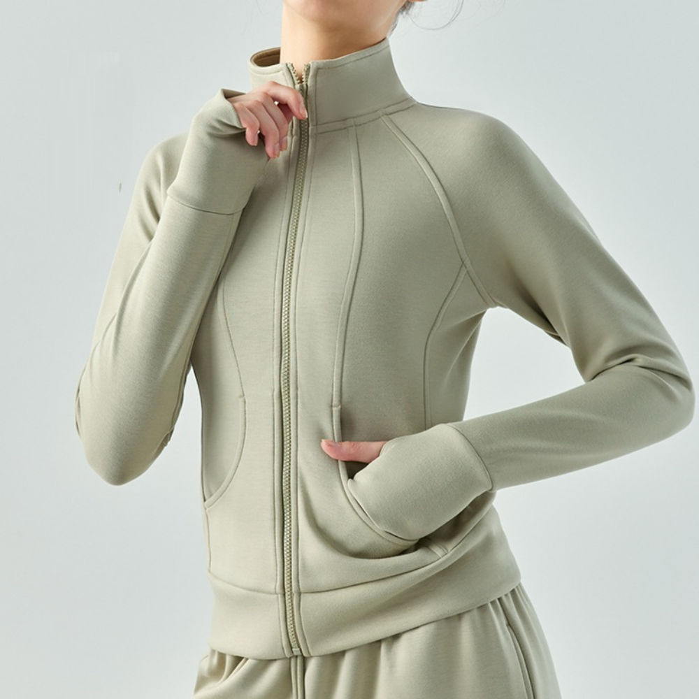 Soraya Fitted Zip-Front Jacket with Mock Neck - Green