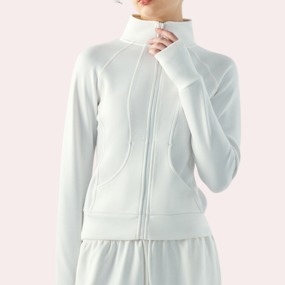 Soraya Fitted Zip-Front Jacket with Mock Neck - White