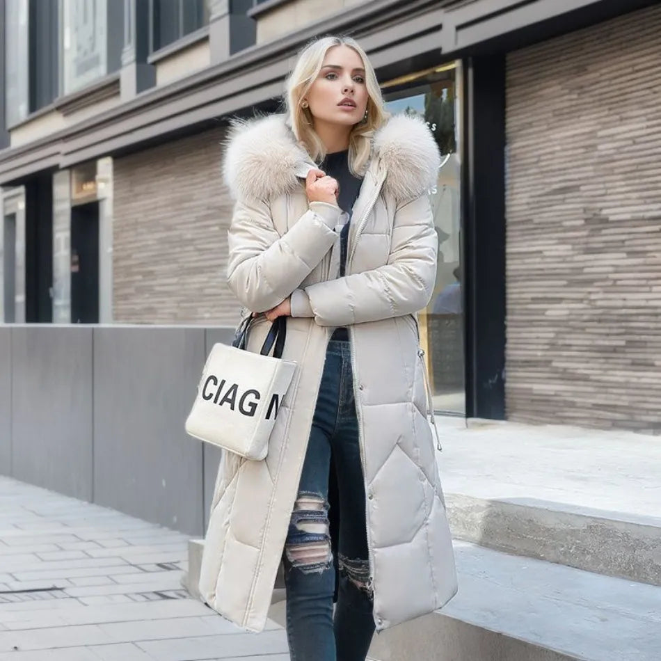 Tahlia Quilted Longline Coat with Plush-Trim Hood - White