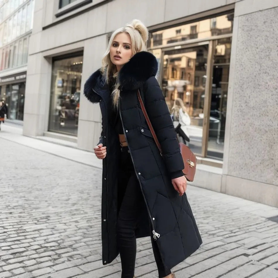 Tahlia Quilted Longline Coat with Plush-Trim Hood - Black