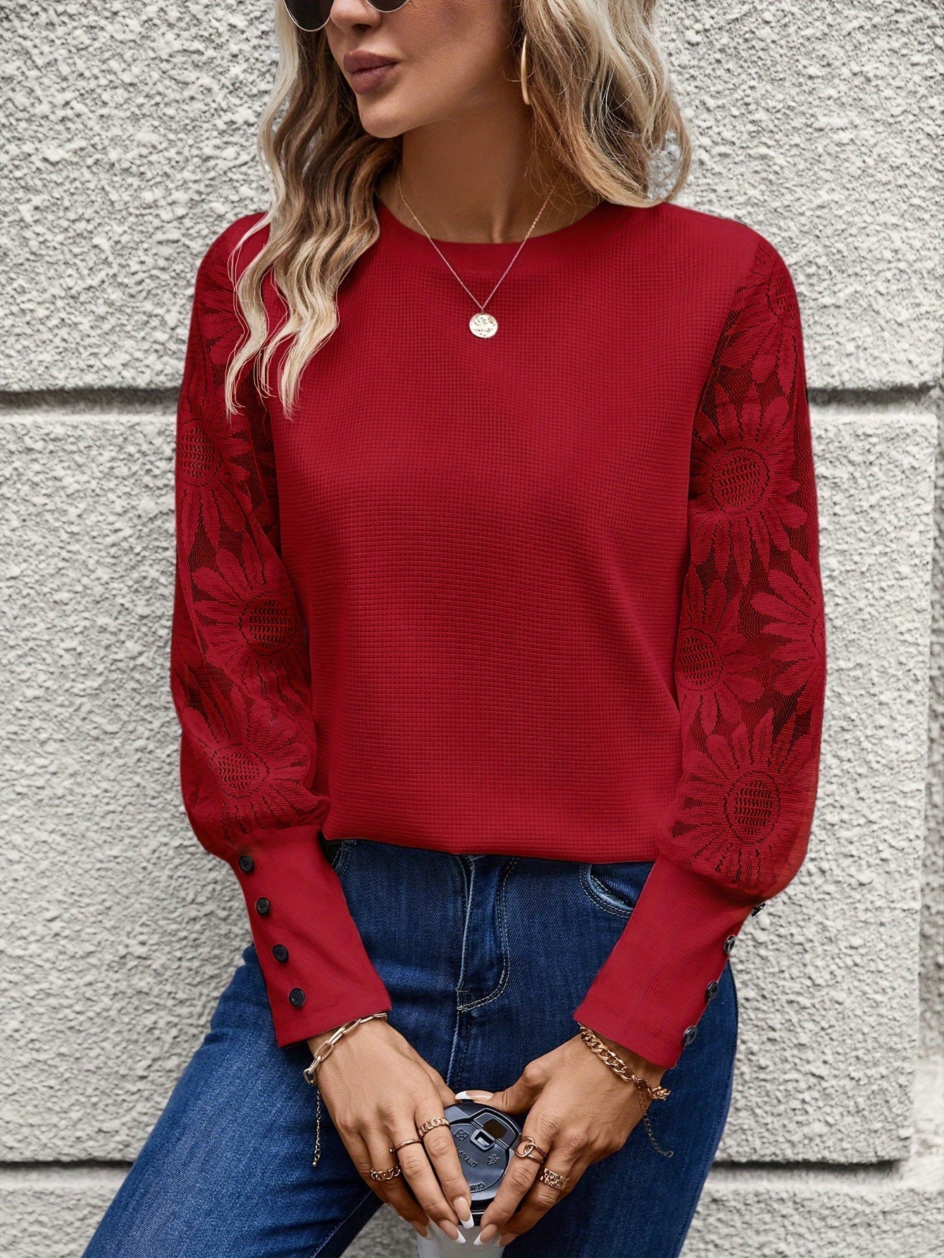 Thea Knit Top with Floral Lace Sleeves for Women - Red