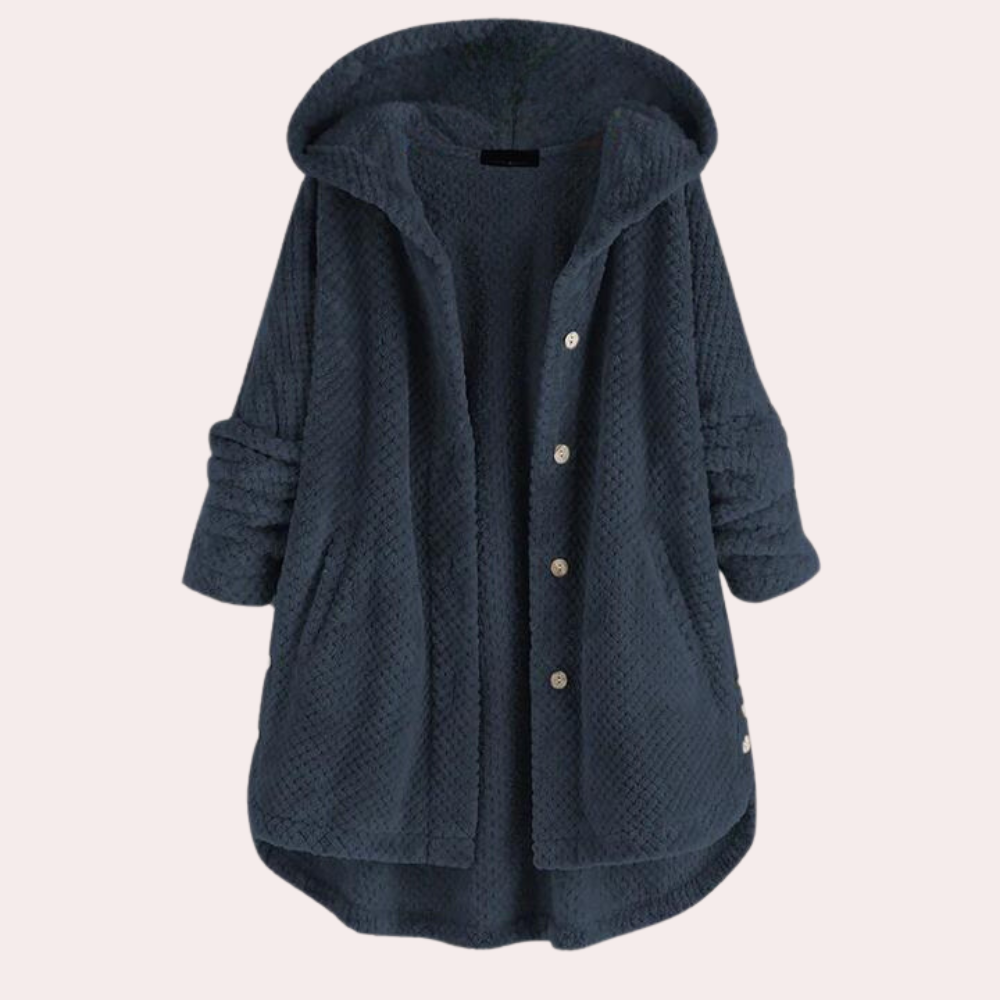 Vera Textured Coat with Hood and Button Front - Dark Blue