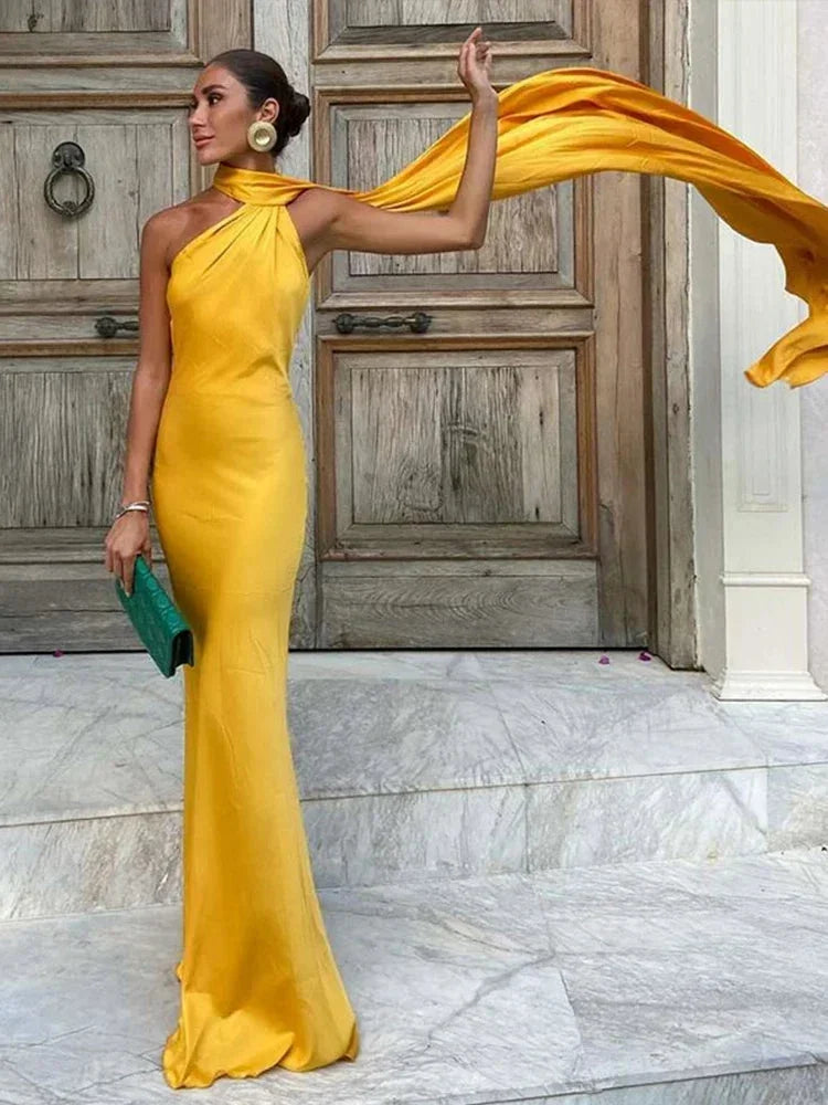 Wren Satin Maxi Dress with High Halter Neckline