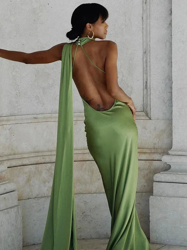 Wren Satin Maxi Dress with High Halter Neckline
