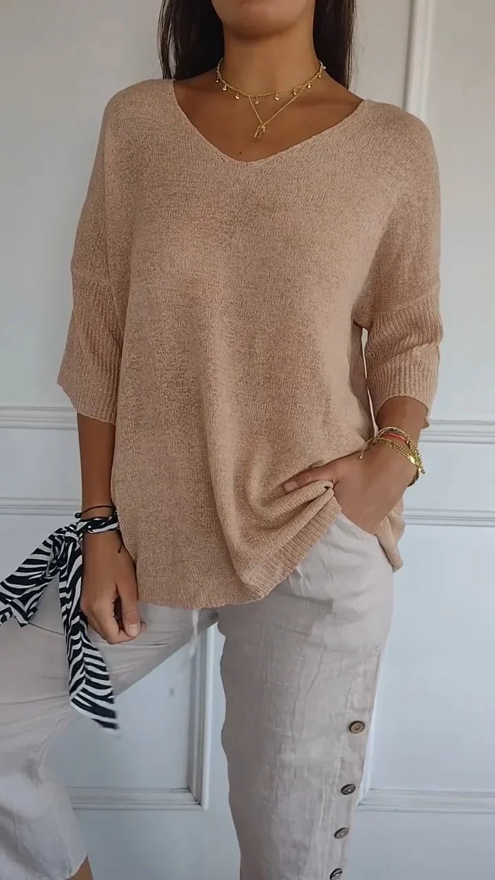 Xenia Fine-Knit Oversized Sweater with Side Slits - Apricot