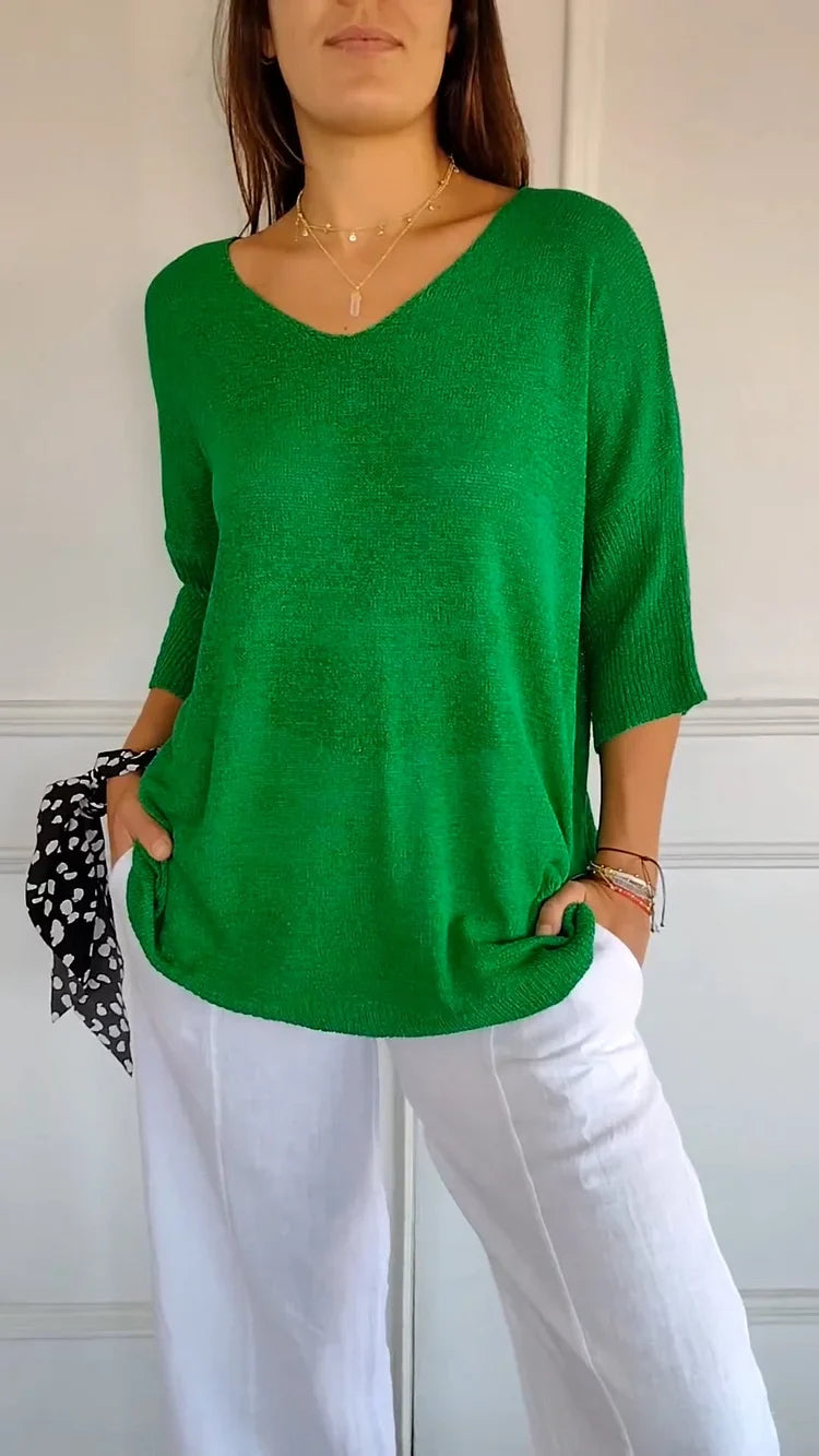 Xenia Fine-Knit Oversized Sweater with Side Slits - Green
