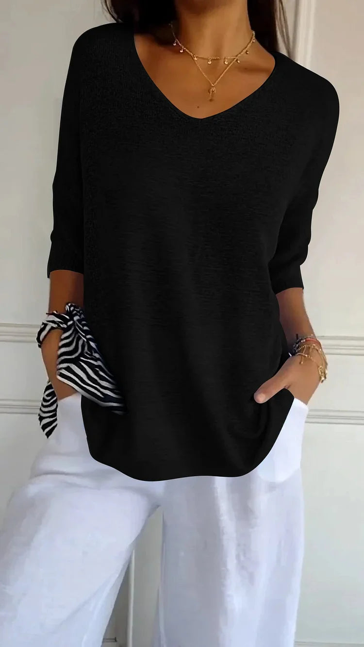 Xenia Fine-Knit Oversized Sweater with Side Slits - Black