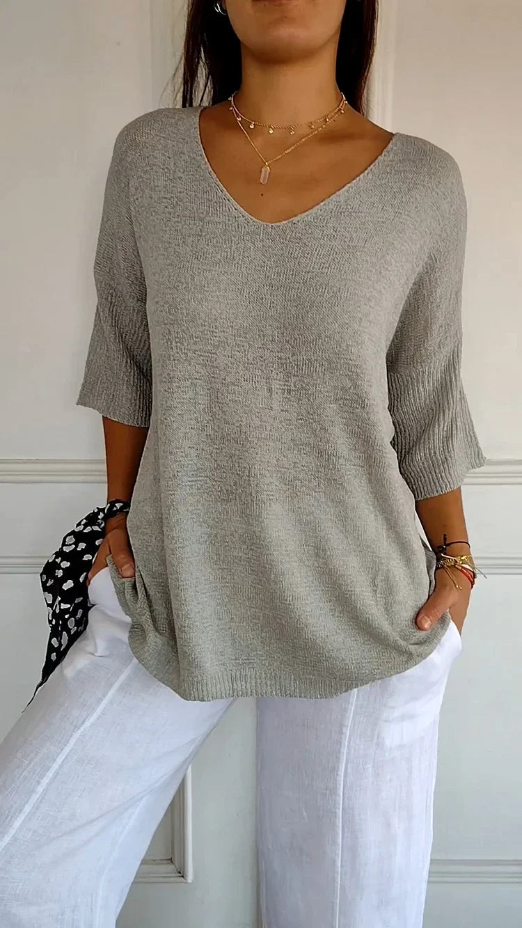 Xenia Fine-Knit Oversized Sweater with Side Slits - Gray