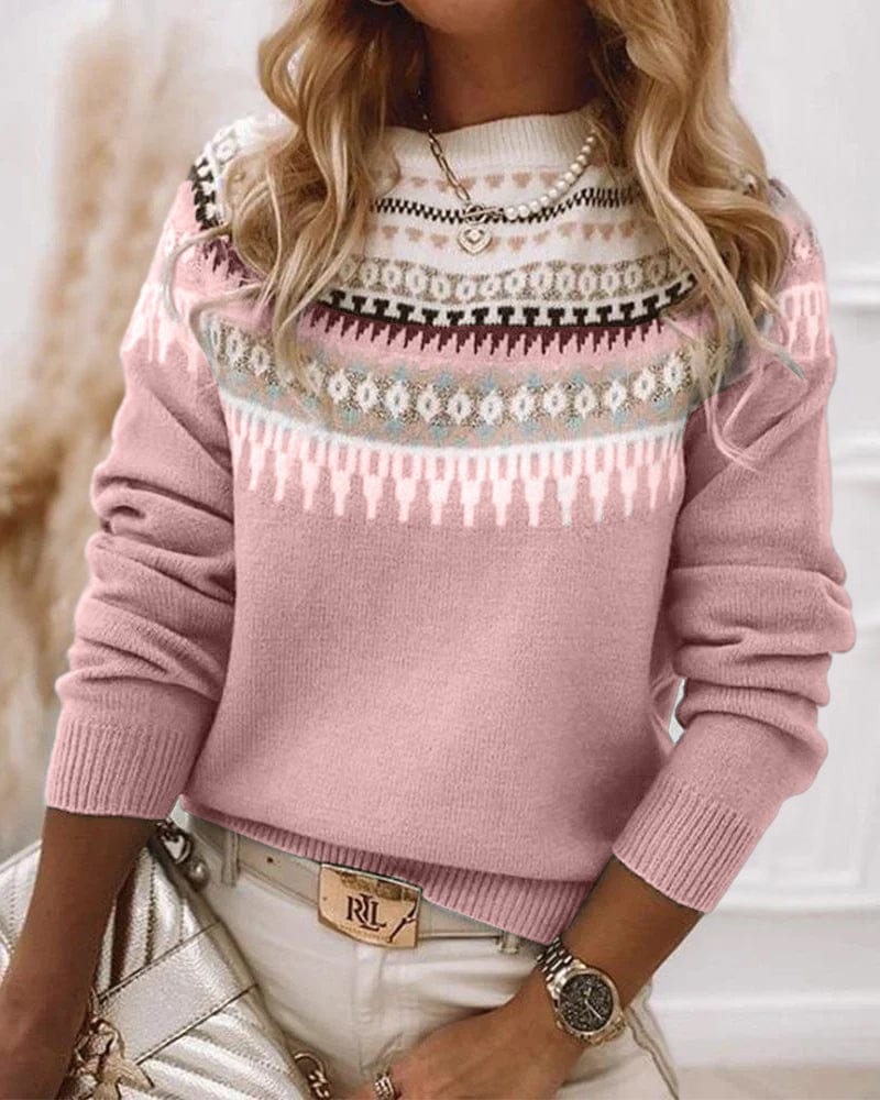 Zoe Nordic Pattern Sweater with Crew Neckline - Pink