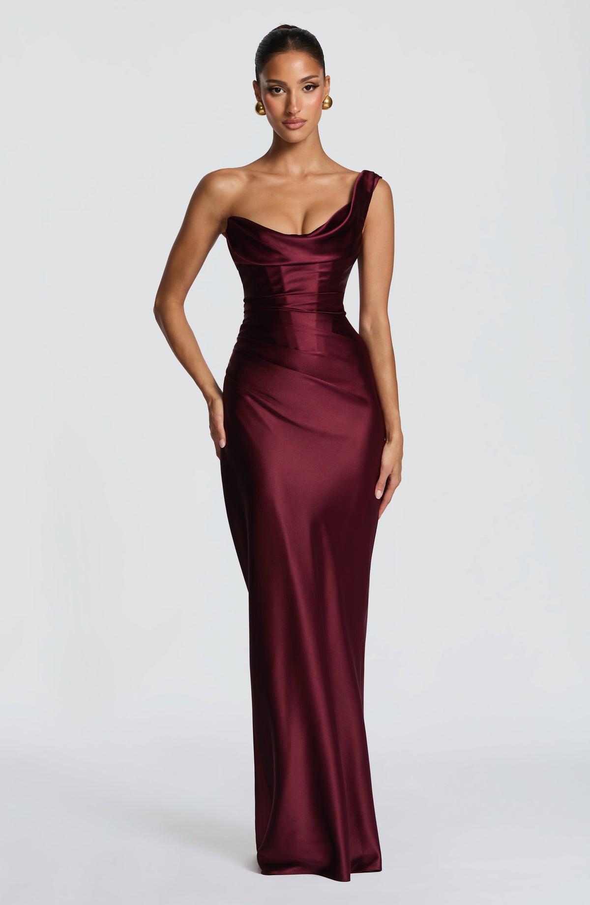 Adele Satin Maxi Dress with Draped Strapless Bodice - Burgundy