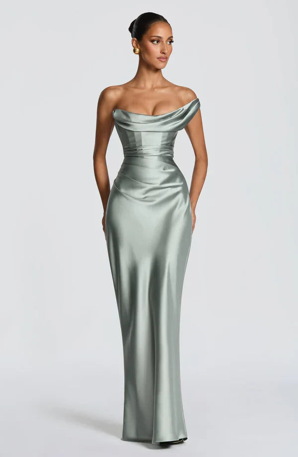 Adele Satin Maxi Dress with Draped Strapless Bodice - Green Blue