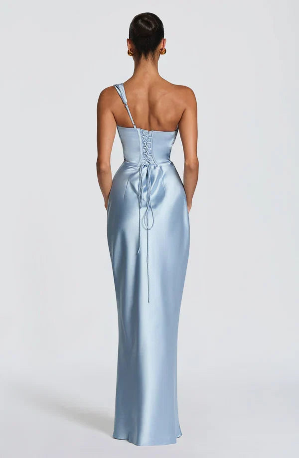 Adele Satin Maxi Dress with Draped Strapless Bodice
