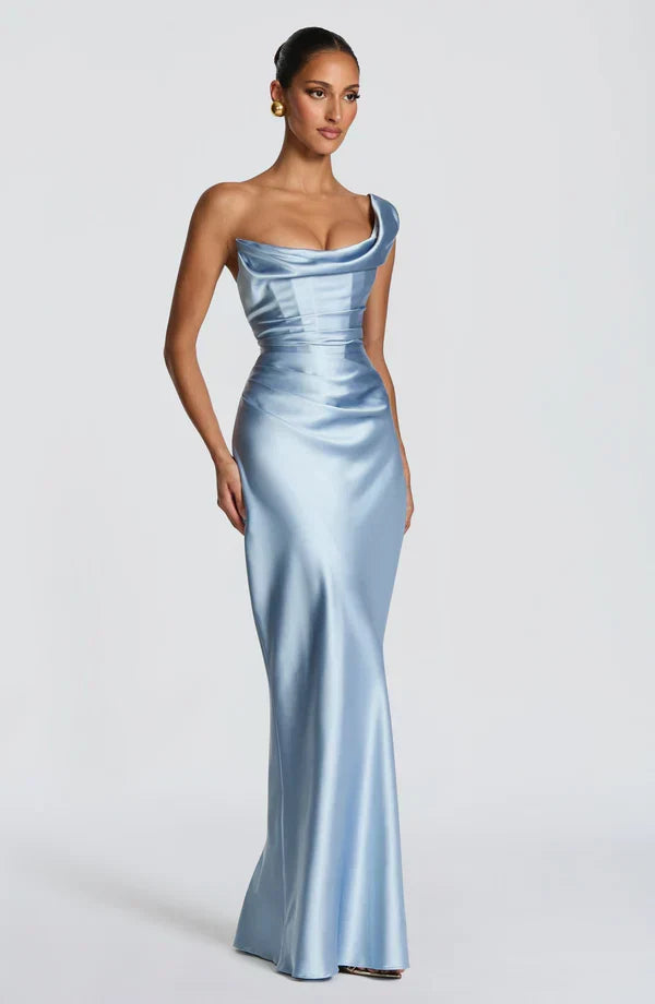 Adele Satin Maxi Dress with Draped Strapless Bodice
