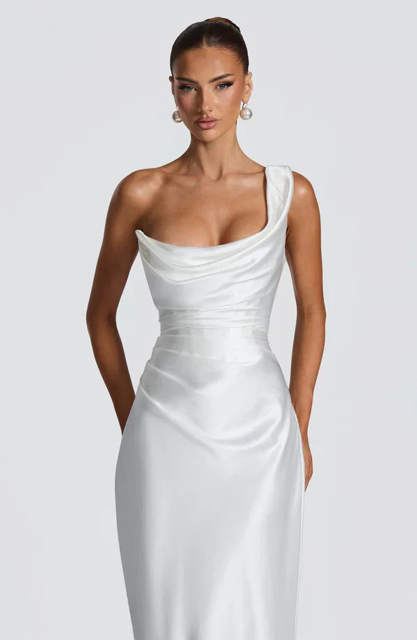 Adele Satin Maxi Dress with Draped Strapless Bodice