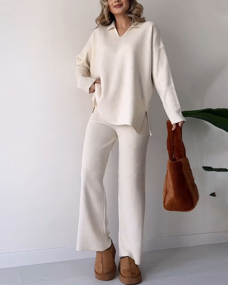 Alira Knit Lounge Set with Relaxed Top and Wide Pants - Apricot