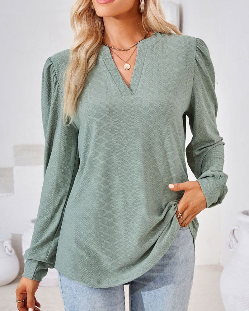 Amani Textured Top with Split Neckline and Puff Sleeves - Army Green