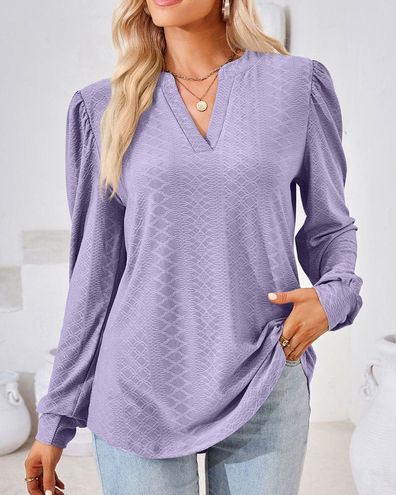Amani Textured Top with Split Neckline and Puff Sleeves - Purple