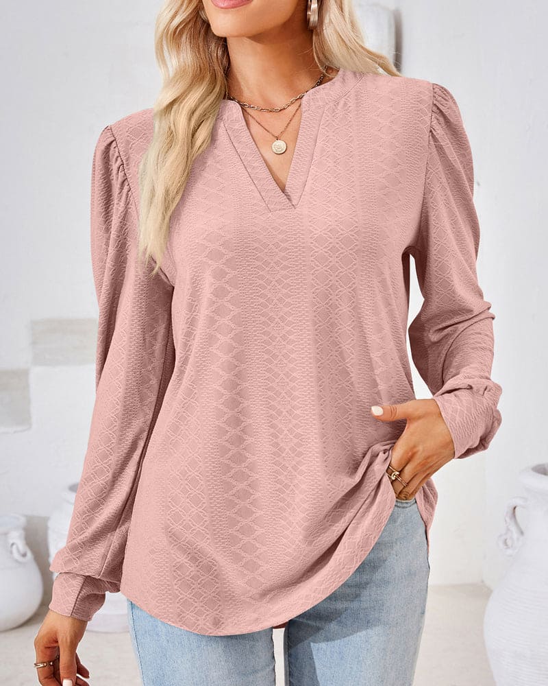 Amani Textured Top with Split Neckline and Puff Sleeves - Pink
