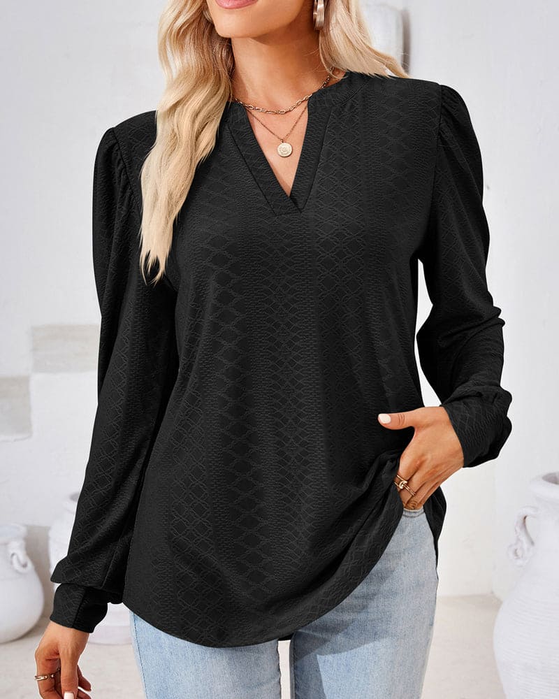 Amani Textured Top with Split Neckline and Puff Sleeves - Black