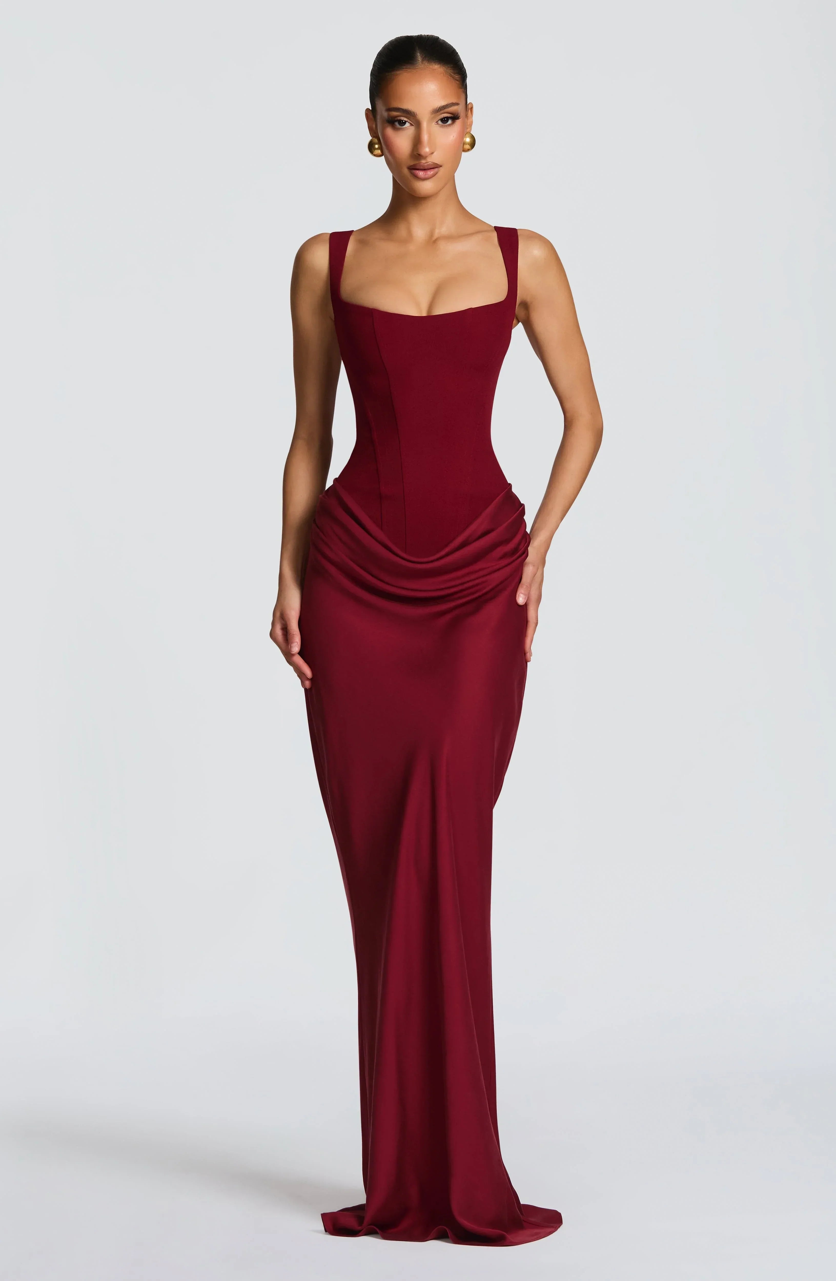 Amara Draped Maxi Dress with Square Neckline for Women - Burgundy