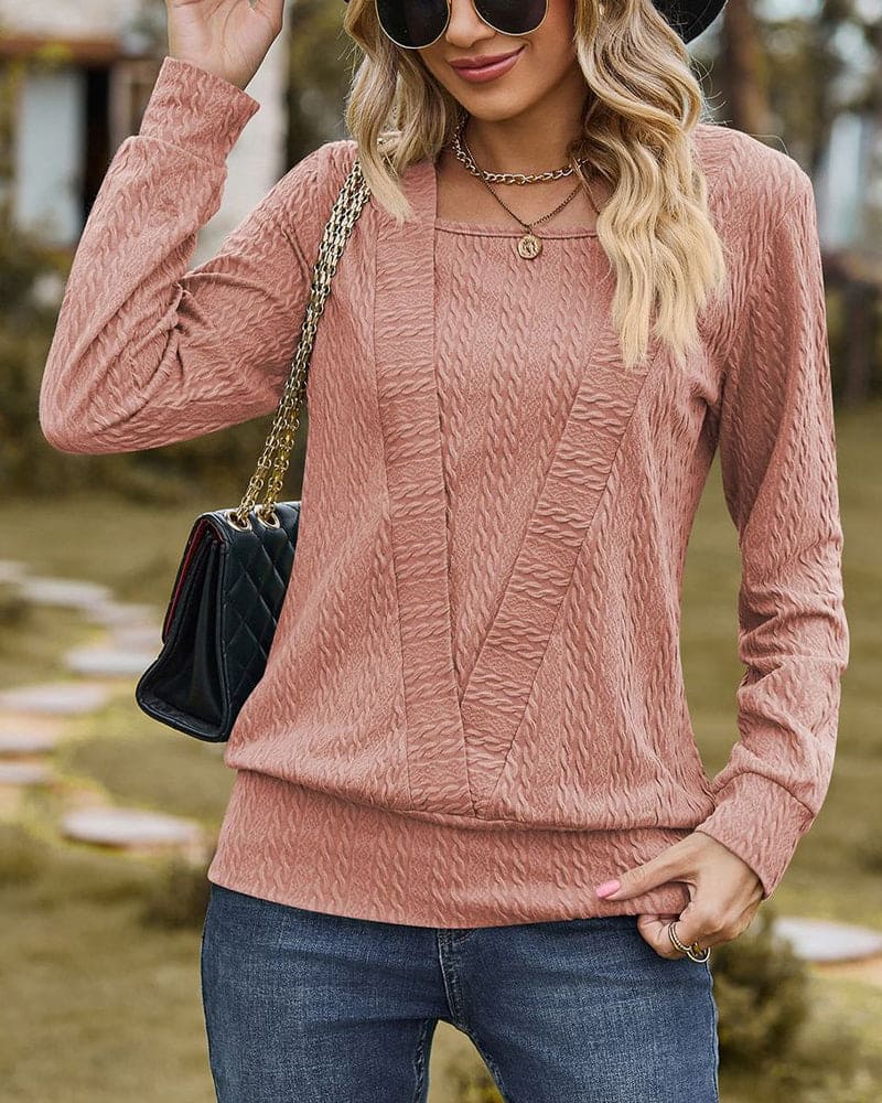 Amiyah Textured Knit Top with Square Neckline - Pink
