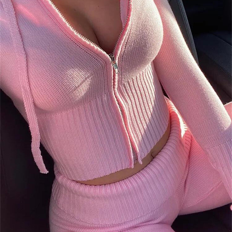 Anouk Ribbed Knit Set with Zip-Front Cardigan - Pink