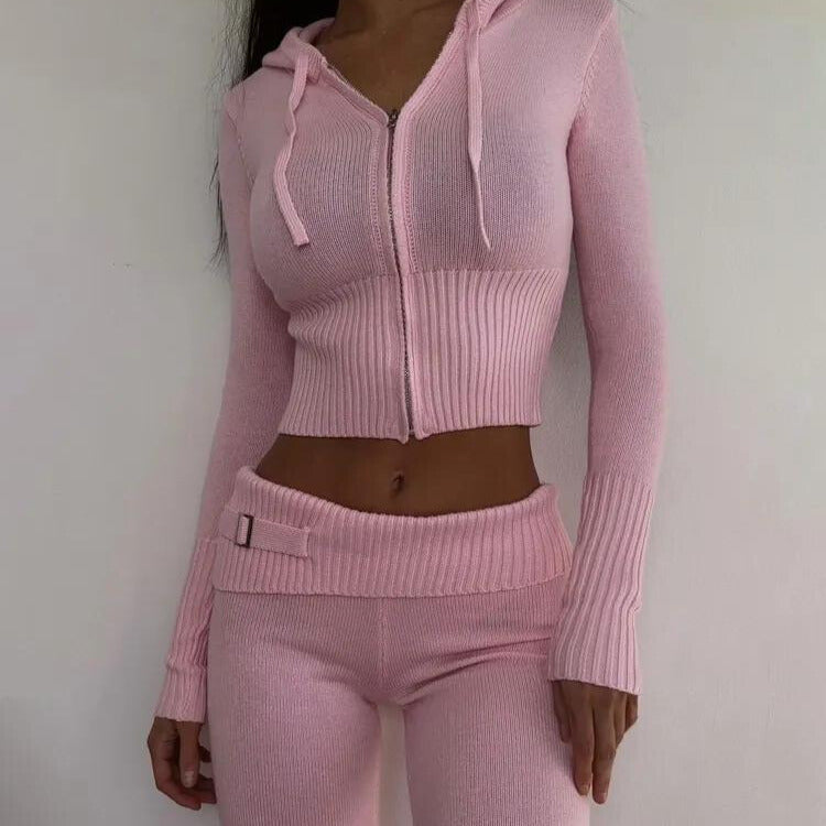Anouk Ribbed Knit Set with Zip-Front Cardigan