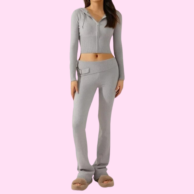 Anouk Ribbed Knit Set with Zip-Front Cardigan - Gray