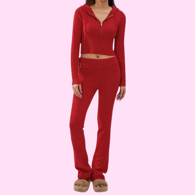 Anouk Ribbed Knit Set with Zip-Front Cardigan - Red