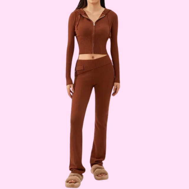 Anouk Ribbed Knit Set with Zip-Front Cardigan - Brown