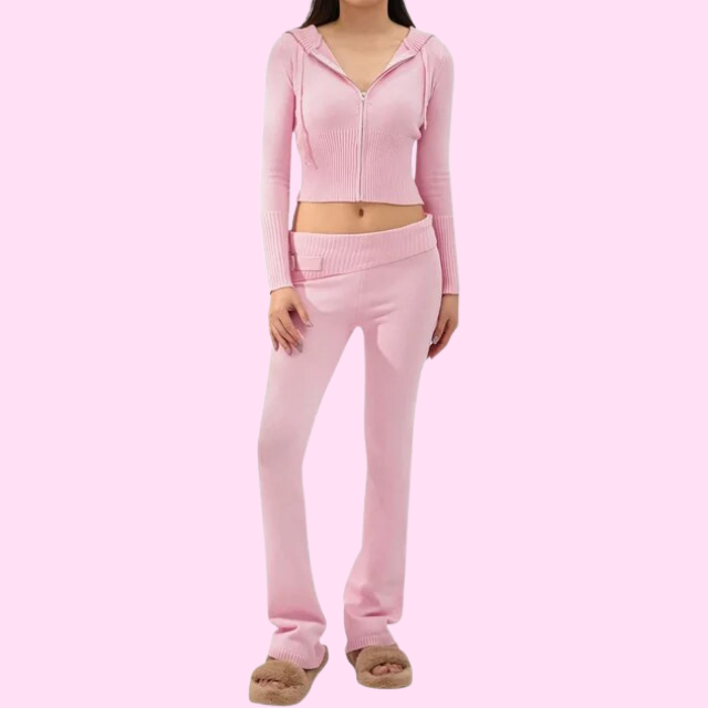Anouk Ribbed Knit Set with Zip-Front Cardigan